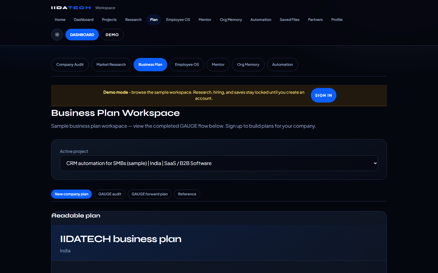 IIDATECH demo business plan workspace with sample GAUGE flow