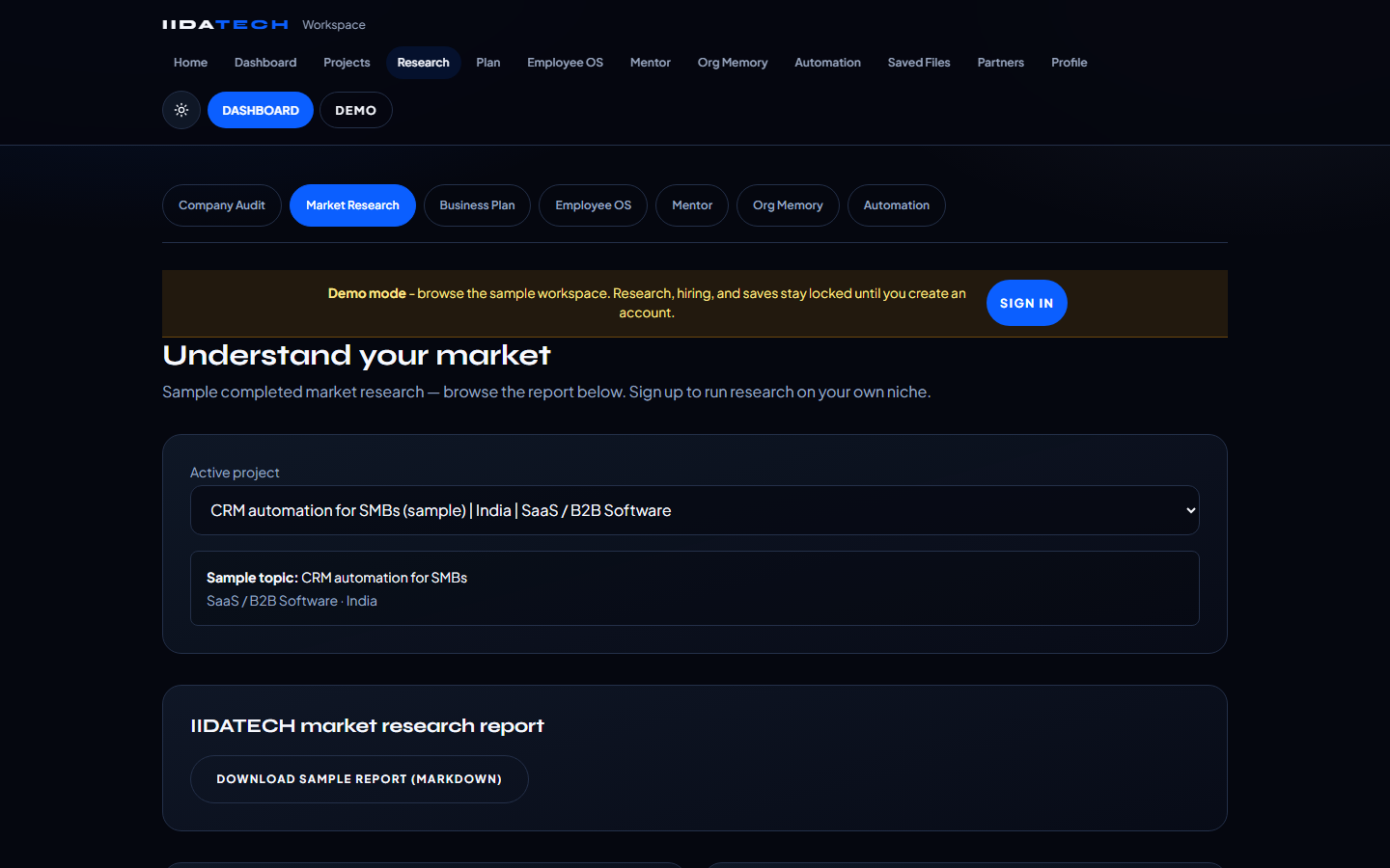 IIDATECH demo market research report for CRM automation SMBs